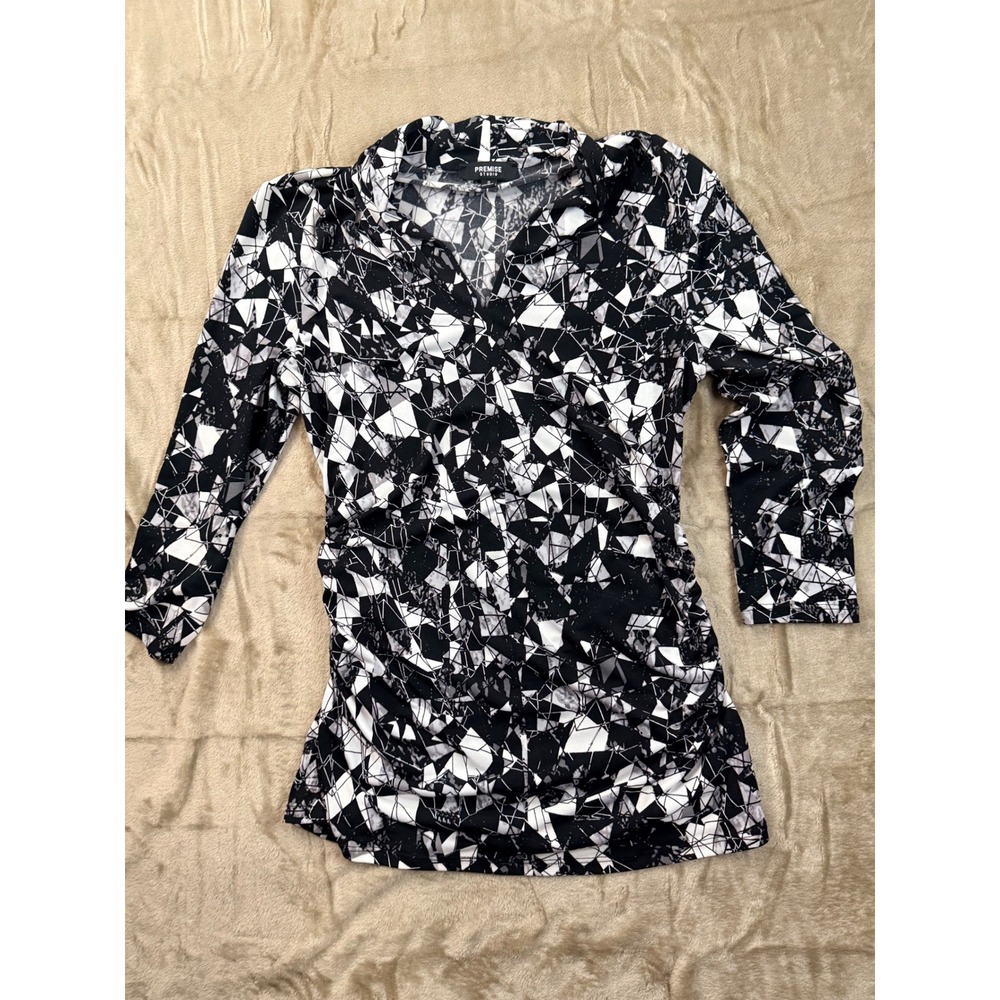 Y2K Premise Studio Womens Black White Geometric Ruched  V-Neck Top S Grunge